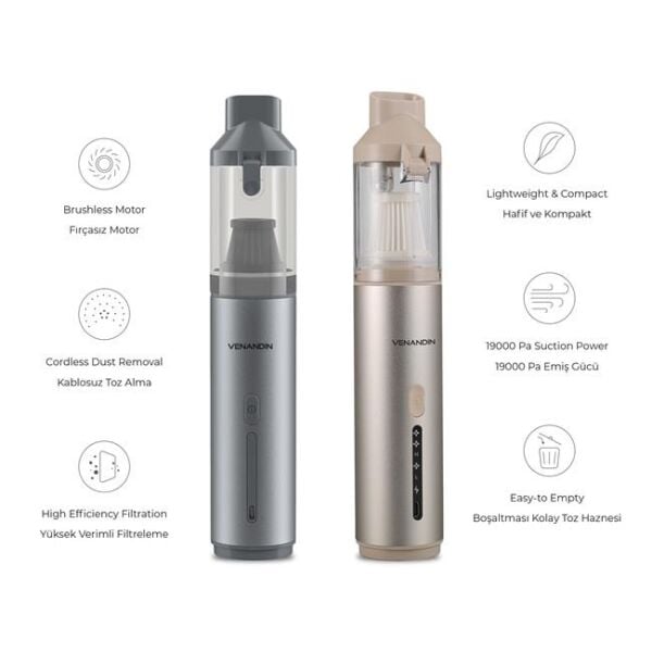 Venandin Portava Taşınabilir Araç içi Ev 19000Pa Güçlü Vakumlu El Süpürgesi Altın