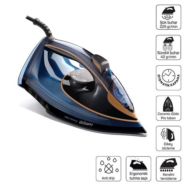 Arzum AR6052 Steamlux Buharlı Ütü Seramik Taban 3000W, 225 gr/min Şok Buhar, Mavi