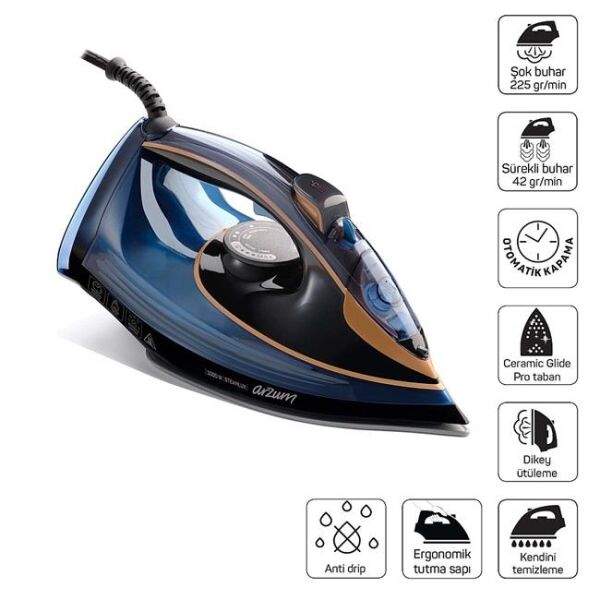 Arzum AR6052 Steamlux Buharlı Ütü Seramik Taban 3000W, 225 gr/min Şok Buhar, Mavi