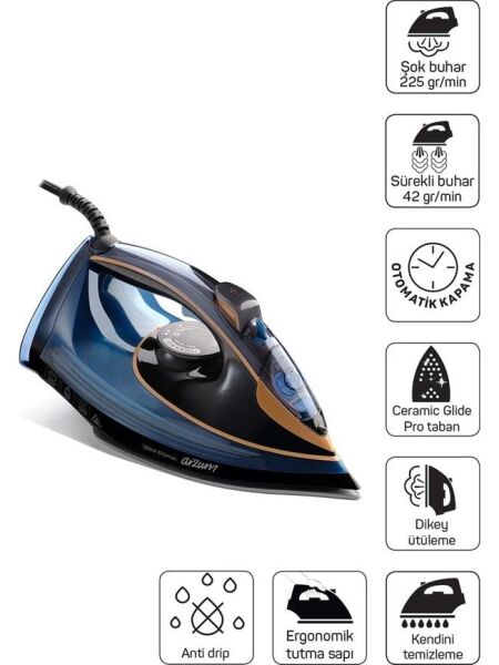 Arzum AR6043 Steamlux Buharlı Ütü Seramik Taban 3000W, 225 gr/min Şok Buhar, Mavi