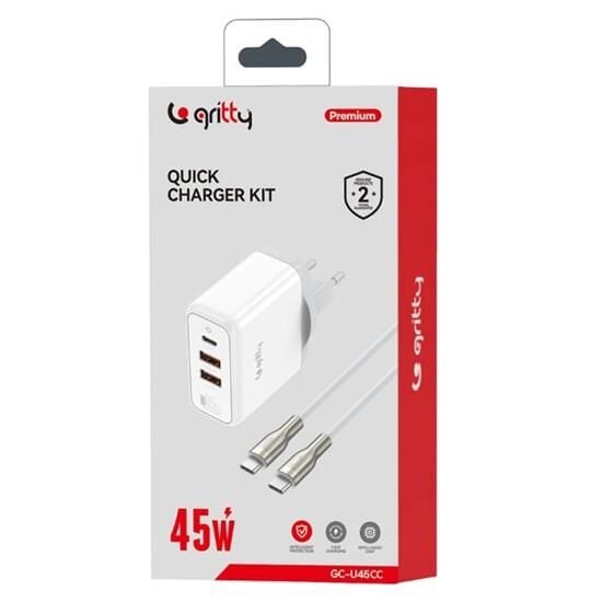 Gritty 45W 3 Portlu USB-A1 USB-A2 USB-C Hızlı Şarj Aleti Beyaz + Type-C to Type-C Şarj Kablosu  (GC-U45CC)