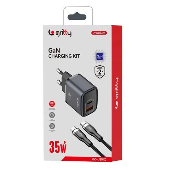 Gritty GAN 35W 2 Portlu USB-A Type-C PD Şarj Aleti Siyah+Type-C to Type-C Şarj Kablosu (GC-U35CC)