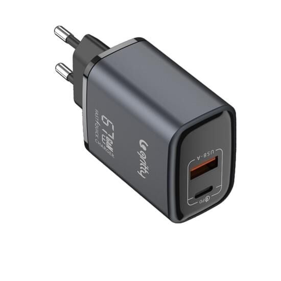 Gritty GAN 67W 2 Portlu USB-A Type-C PD Hızlı Şarj Adaptörü Siyah (GC-U67)