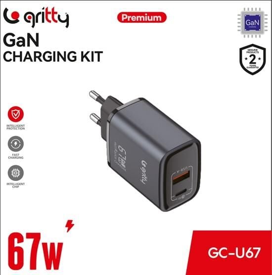 Gritty GAN 67W 2 Portlu USB-A Type-C PD Hızlı Şarj Adaptörü Siyah (GC-U67)