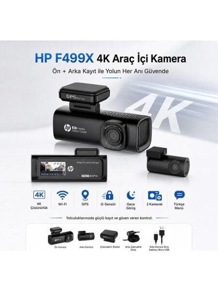 HP F499x 4K Araç İçi Ön & Arka Lcd Ekran Wi-fi Kamera (Türkiye Garantili)