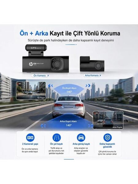 HP F499x 4K Araç İçi Ön & Arka Lcd Ekran Wi-fi Kamera (Türkiye Garantili)