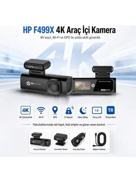 HP F499x 4K Araç İçi Lcd Ekran Wi-fi Kamera (Türkiye Garantili)