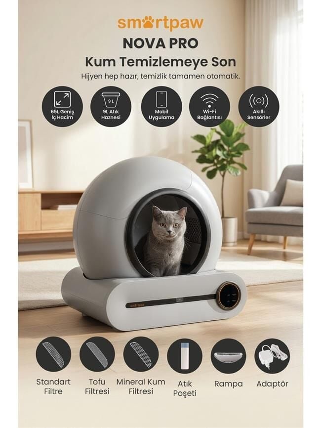 Smartpaw Nova Cat Pro Akıllı Otomatik Kedi Tuvaleti Gri (Türkiye Garantili)
