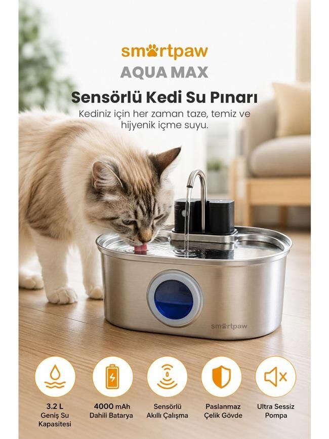 Smartpaw Aqua Max Sensörlü Kedi Su Pınarı (Distribütör Garantili)