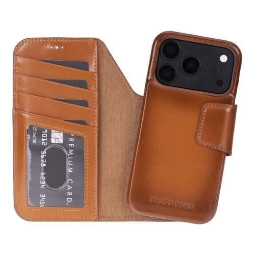 Swiss Plus iPhone 17 Pro Max 18 Pro Max Hakiki Deri Megsafe Kartvizitli Standlı Cüzdan Kılıf Açık Kahverengi Elite RST2EF