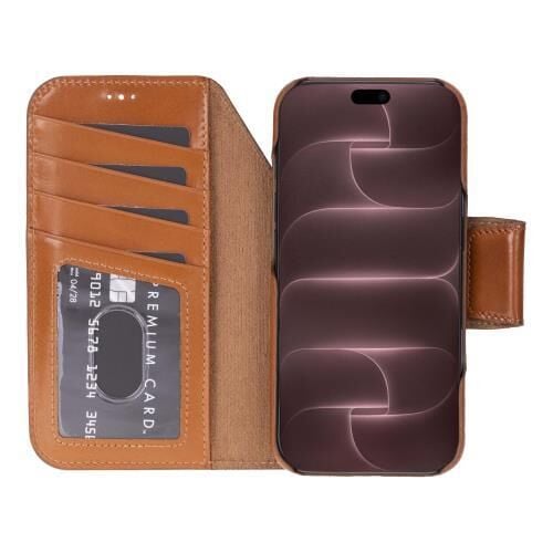 Swiss Plus iPhone 17 Pro Max 18 Pro Max Hakiki Deri Megsafe Kartvizitli Standlı Cüzdan Kılıf Açık Kahverengi Elite RST2EF