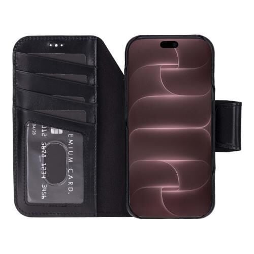 Swiss Plus iPhone 17 Pro Max 18 Pro Max Hakiki Deri Megsafe Kartvizitli Standlı Cüzdan Kılıf Siyah Elite RST1