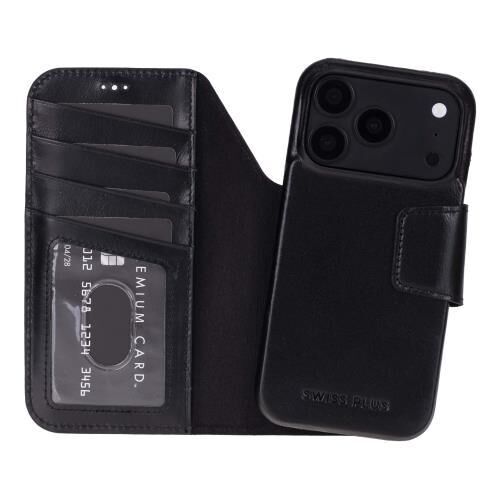 Swiss Plus iPhone 17 Pro Max 18 Pro Max Hakiki Deri Megsafe Kartvizitli Standlı Cüzdan Kılıf Siyah Elite RST1