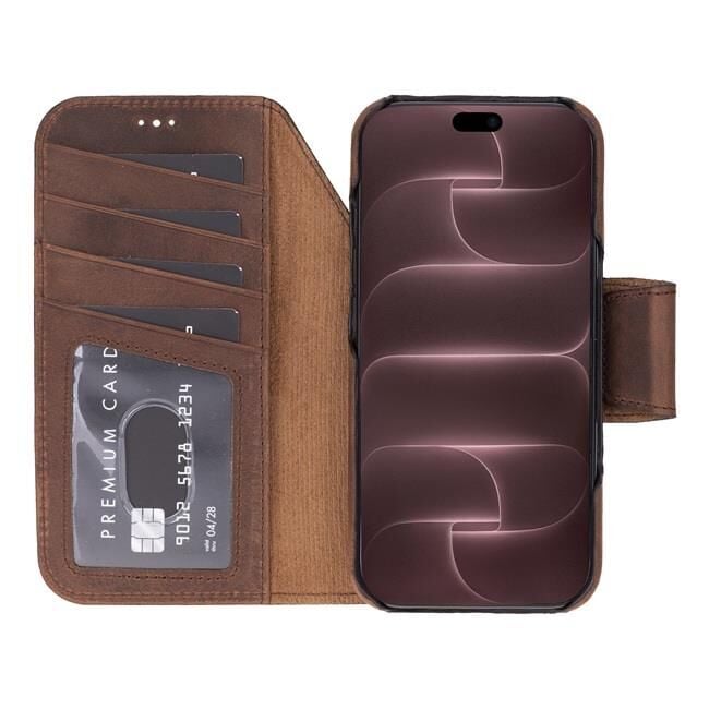 Swiss Plus iPhone 17 Pro Max 18 Pro Max Hakiki Deri Megsafe Kartvizitli Standlı Cüzdan Kılıf Koyu Kahverengi Elite G2
