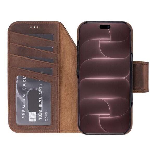 Swiss Plus iPhone 17 Pro Max 18 Pro Max Hakiki Deri Megsafe Kartvizitli Standlı Cüzdan Kılıf Koyu Kahverengi Elite G2