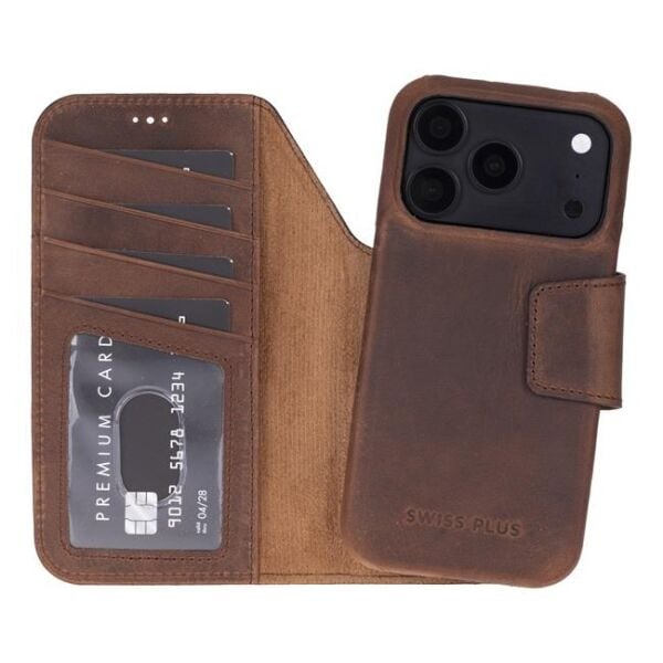 Swiss Plus iPhone 17 Pro Max 18 Pro Max Hakiki Deri Megsafe Kartvizitli Standlı Cüzdan Kılıf Koyu Kahverengi Elite G2