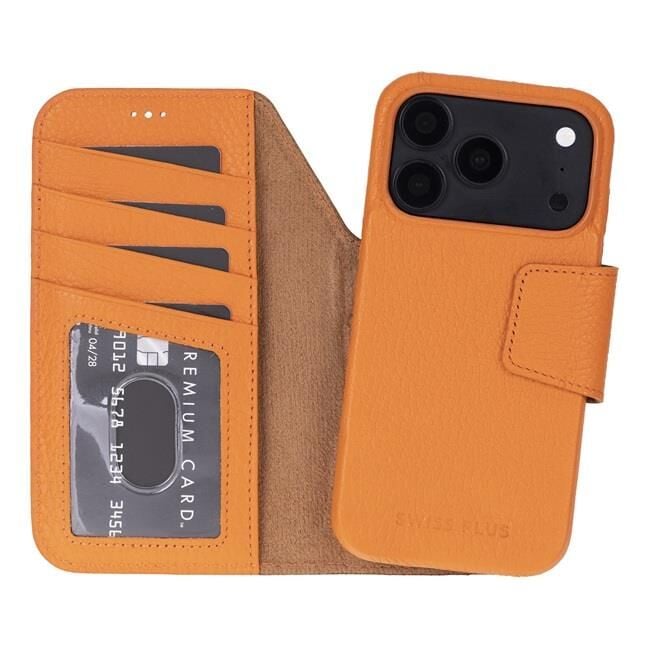 Swiss Plus iPhone 17 Pro Max 18 Pro Max Hakiki Deri Megsafe Kartvizitli Standlı Cüzdan Kılıf Turuncu Elite FL10