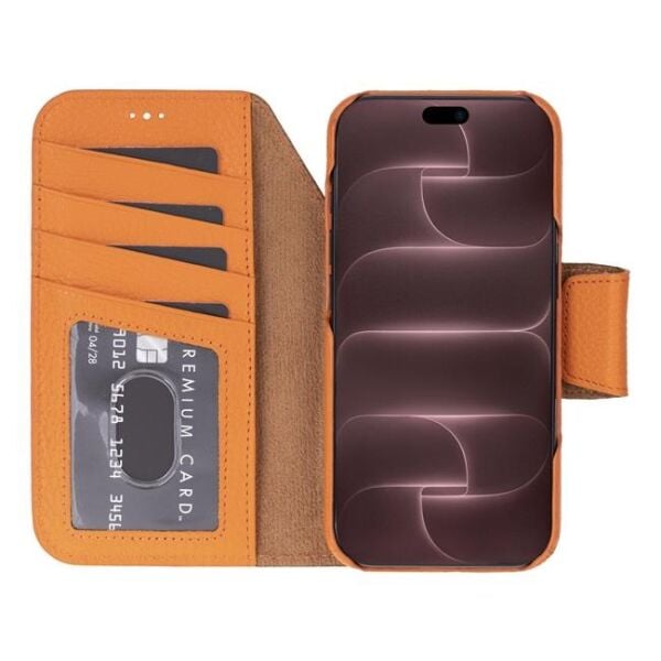 Swiss Plus iPhone 17 Pro Max 18 Pro Max Hakiki Deri Megsafe Kartvizitli Standlı Cüzdan Kılıf Turuncu Elite FL10