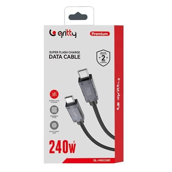 Gritty 240W Akım Korumalı Süper Hızlı Şarj Örgülü Type-C to Type-C Şarj kablosu 200cm Siyah (GL-MAX240)