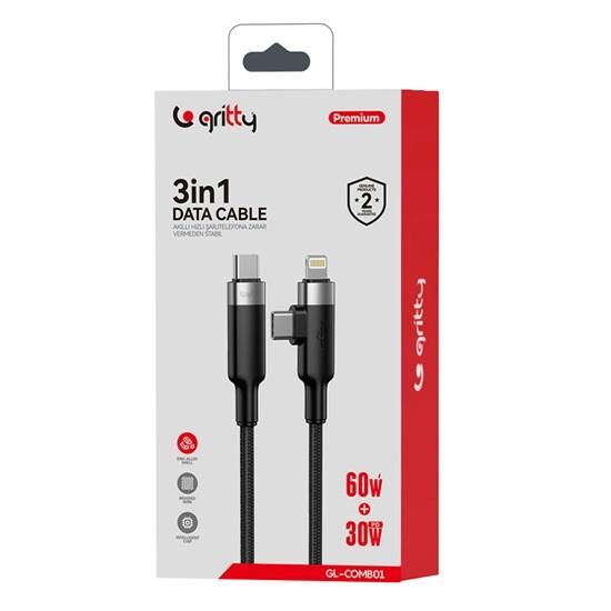 Gritty 60W+30W PD 3in1 Type-C to Type+Lightning 1m Şarj Kablosu Siyah (GL-COMB01)