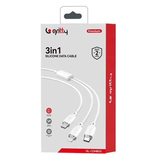 Gritty 60W+30W PD 3in1 Type-C to Type+Lightning 1.2 m Şarj Kablosu Beyaz (GL-COMB02)