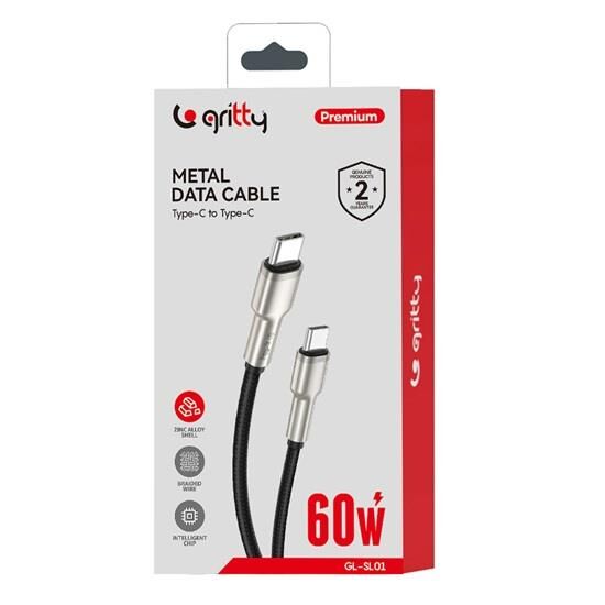Gritty 60W Metal Uçlu Akım Korumalı Type-C to Type -C Örgülü Şarj Kablosu 100cm Siyah (GL-SL01)