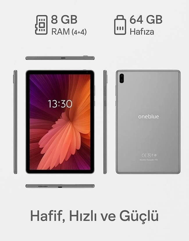Oneblue T10 10.1 Inç Tablet 4 Gb Ram, 64 Gb Depolama, 4 Çekirdekli, 5000 Mah Batarya, Gümüş Ince Tasarım